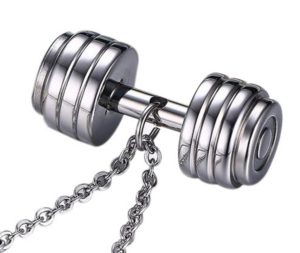 Silver Barbell Dumbbell Style Charm Pendant Necklace 