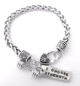 Weight Training Fitness Dumbell " I Choose Strength " Silver Charm Bracelet