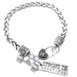 Strong Is Beautiful Dumbell Barbell Silver Charm Bracelet 8"