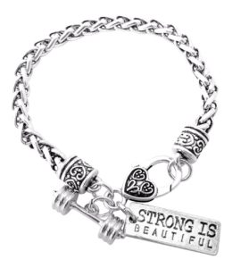 Strong Is Beautiful Dumbell Barbell Silver Charm Bracelet 8"