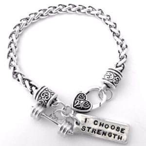 Weight Training Fitness Dumbell " I Choose Strength " Silver Charm Bracelet