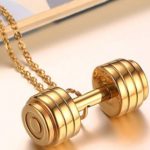 Gold Barbell Dumbbell Style Charm Pendant Necklace